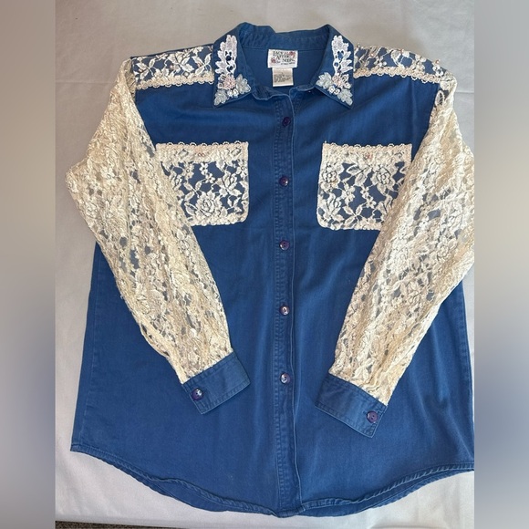 Vintage Lacy AfterNoon L Shell Kepler Rhinestone  Button Up Shirt Lace Whimsy - Picture 1 of 10